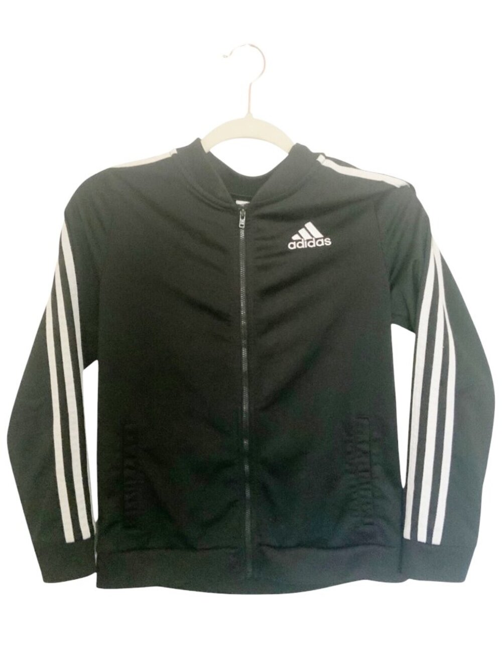 Adidas Youth XL Black Full-Zip Track Jacket White Stripes & Embroidered Logo